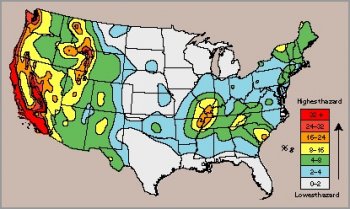  A simplified seismic hazard map for the conterminous United States. Peak horizontal accelerations, in percent of g, with a 10 percent probability of being exceeded in 50 years are displayed. (Courtesy Arthur Frankel, United States Geological Survey.) 